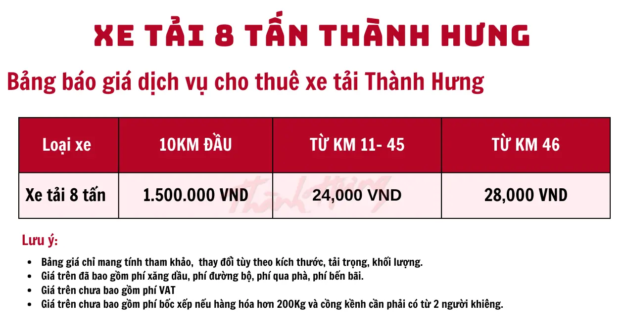 Bảng giá tải 8 tấn khách mời quý khách tham khảo
